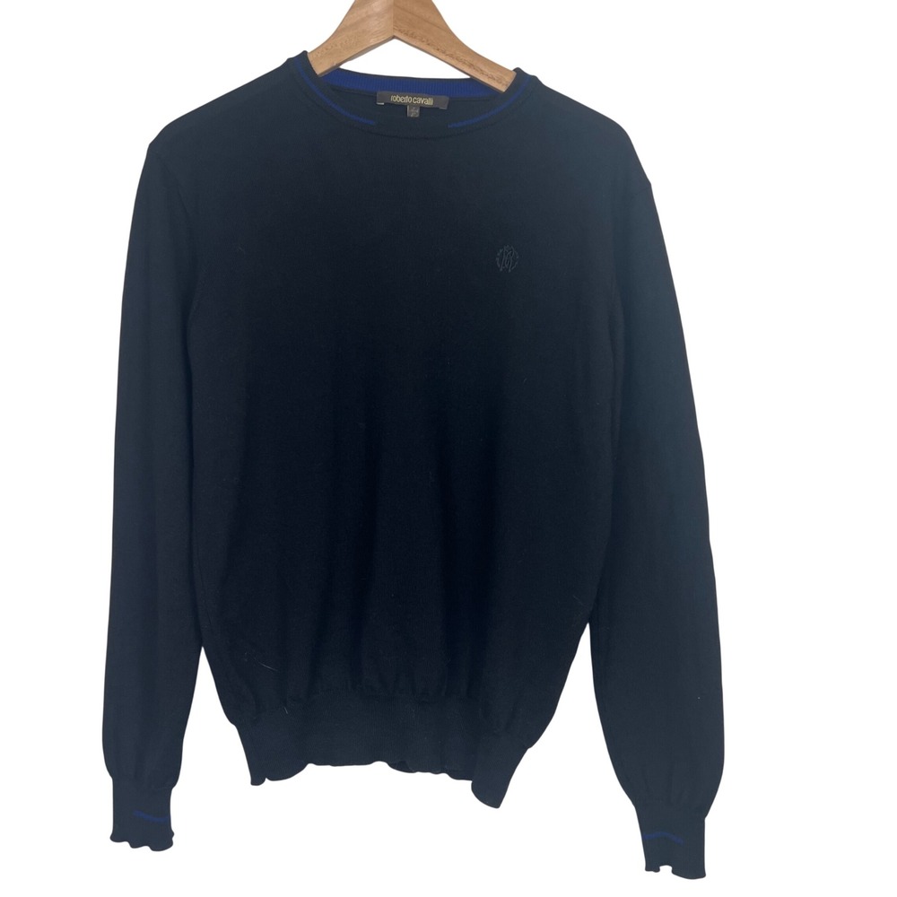 Roberto Cavalli Mens Black 100% Wool Crewneck Sweater‎ Medium Quiet Luxury